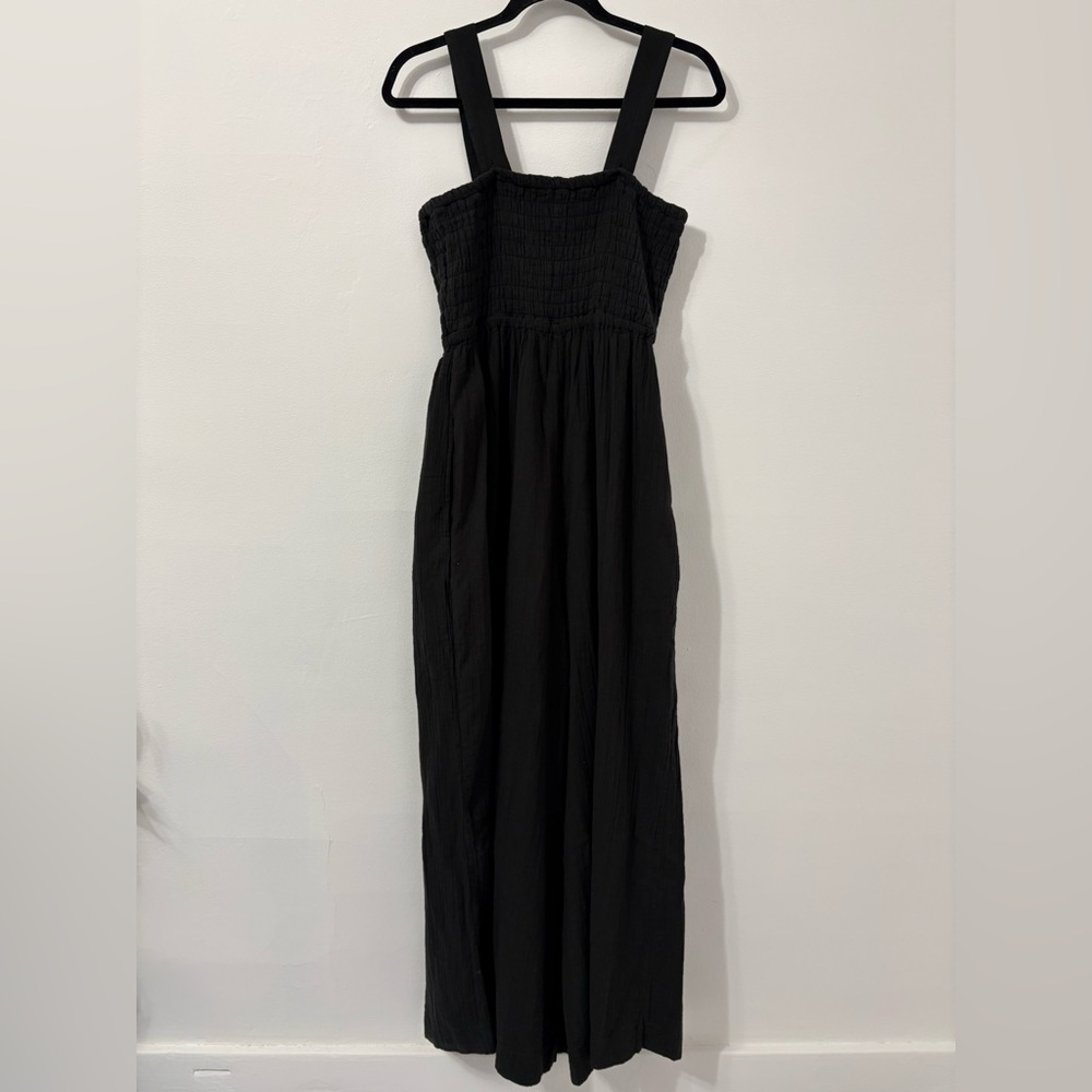 NWT Quince Women 100% Organic Cotton Gauze Smocked Wide Leg Jumpsuit Black Sz M - Picture 6 of 7